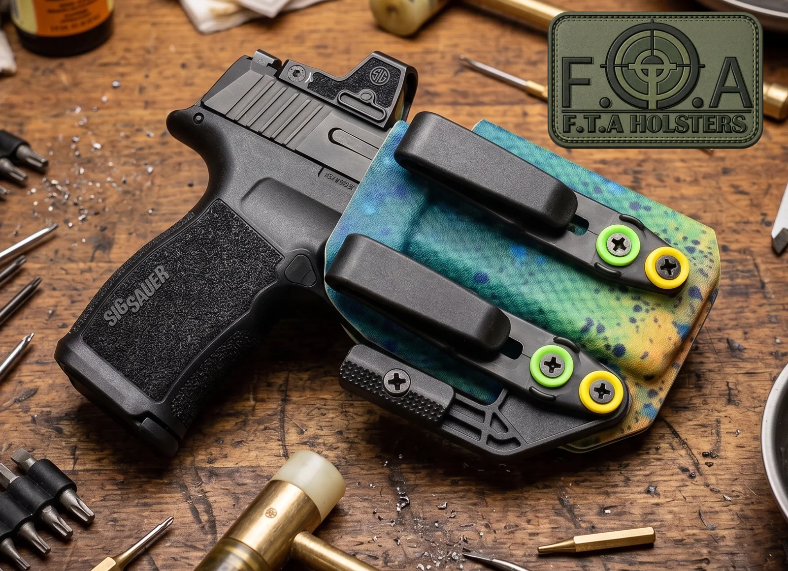 Custom FTA IWB Kydex holster with dual belt clips on a gunsmith workbench